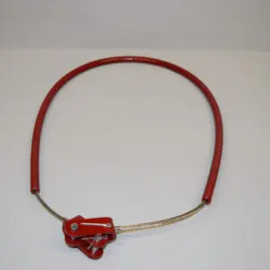 A red rope with a metal handle attached to it.