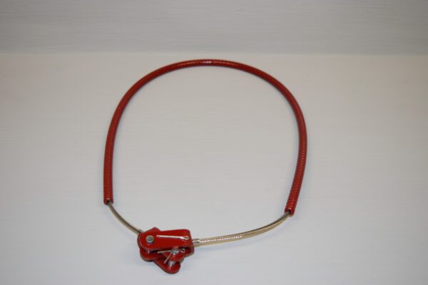 A red rope with a metal handle attached to it.