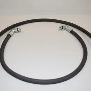 A black hose with two metal ends on it.