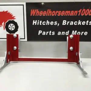 A red and silver metal stand with wheels on top of it.