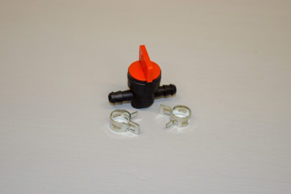 A red and black valve with two clips