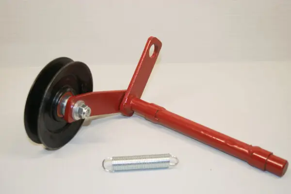 A red handle and a black wheel with a nut