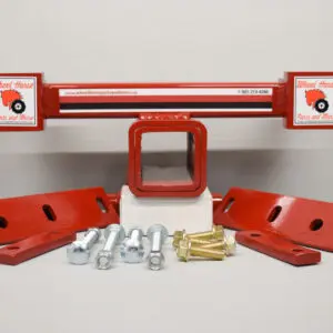 A red trailer hitch with two sets of nuts and bolts.