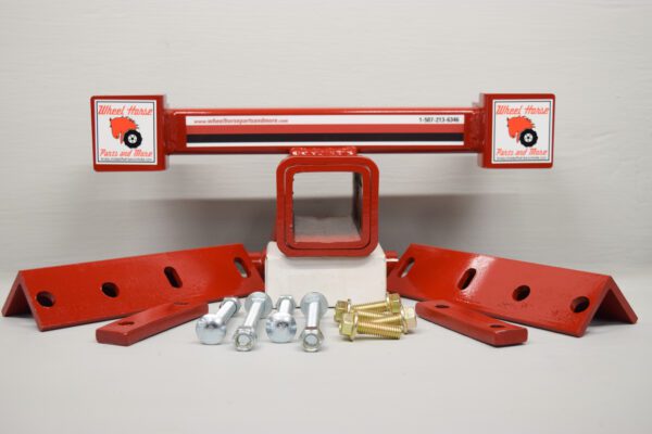 A red trailer hitch with two sets of nuts and bolts.