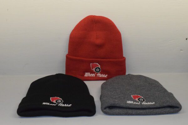 Three Wheel Horse Fleece Lined Stocking Hats with a logo on them.