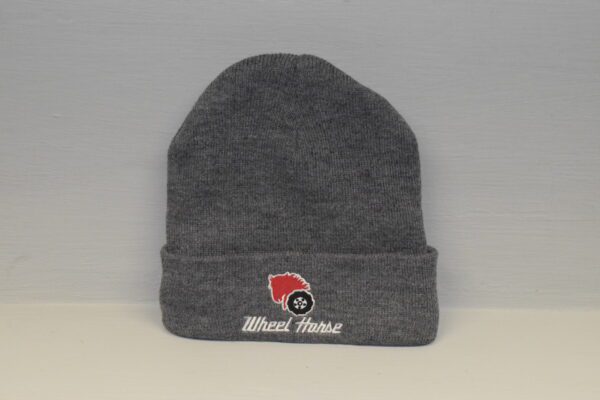 A gray beanie with the words " wheel horse ".