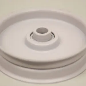 A white plastic bowl with a metal ring.