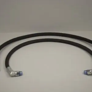 A pair of black hoses with blue ends.