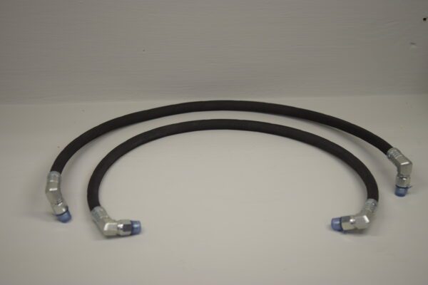 A pair of black hoses with blue ends.