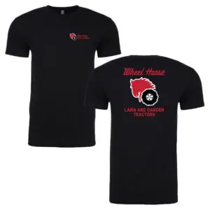 A black t-shirt with the words " wheel horse " on it.