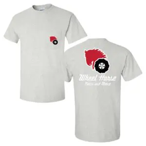 A white t-shirt with a red and black wheel on it.